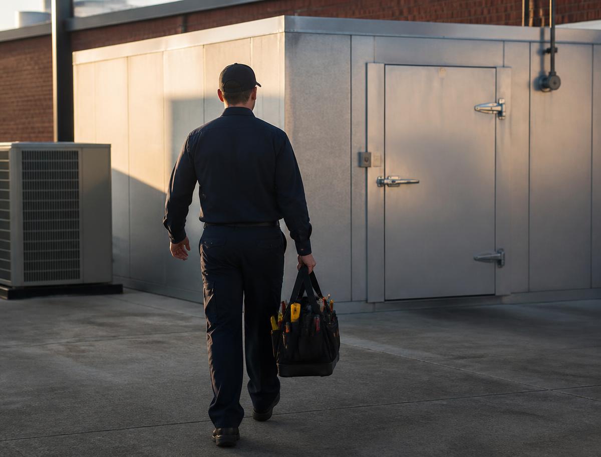 Technician arriving to service a commercial refrigeration unit